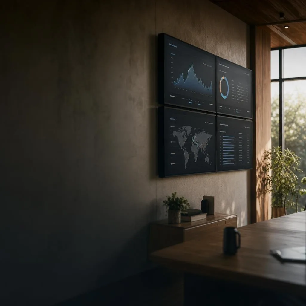 Wall-mounted monitors showing sign-in analytics and security alerts