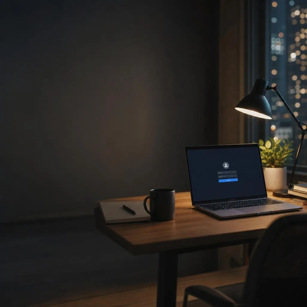 Developer desk with a laptop showing a login screen at night