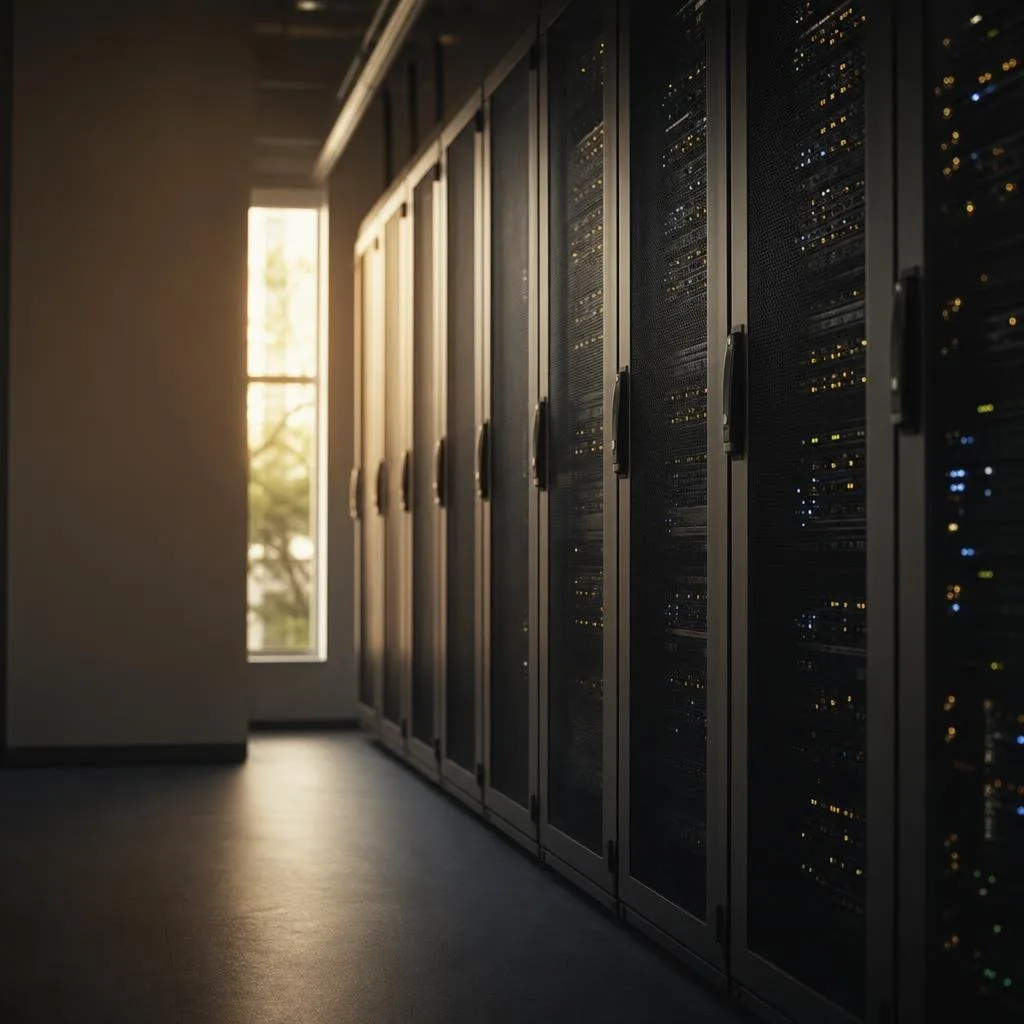 Rows of illuminated server racks in a data center