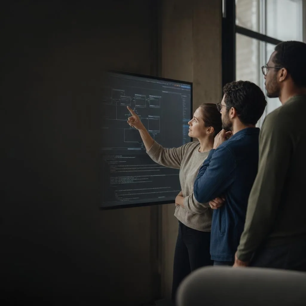 Small engineering team reviewing an SSO configuration on a large monitor