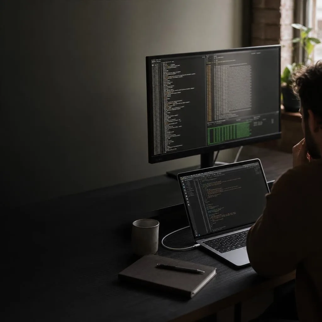 Terminal and editor on a dark desk with a session log open